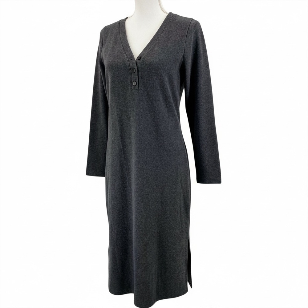 Madewell Knit Midi Dress Gray V‎ Neck Long Sleeve Soft Slit Casual M Minimalist